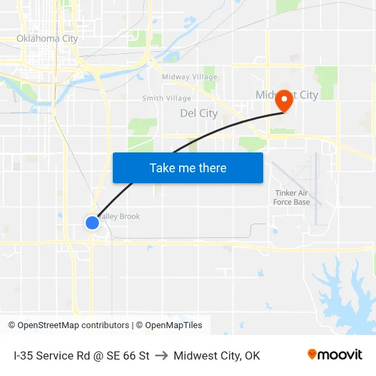 I-35 Service Rd @ SE 66 St to Midwest City, OK map