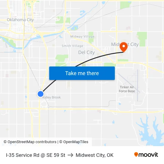 I-35 Service Rd @ SE 59 St to Midwest City, OK map