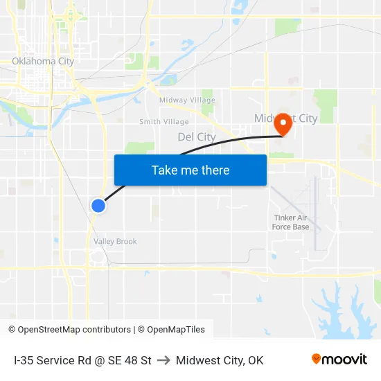 I-35 Service Rd @ SE 48 St to Midwest City, OK map