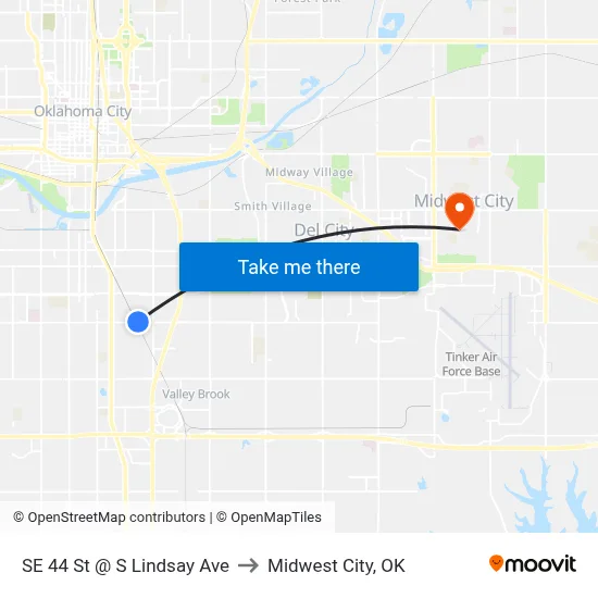 SE 44 St @ S Lindsay Ave to Midwest City, OK map
