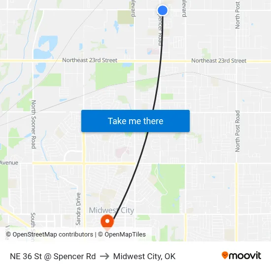 NE 36 St @ Spencer Rd to Midwest City, OK map