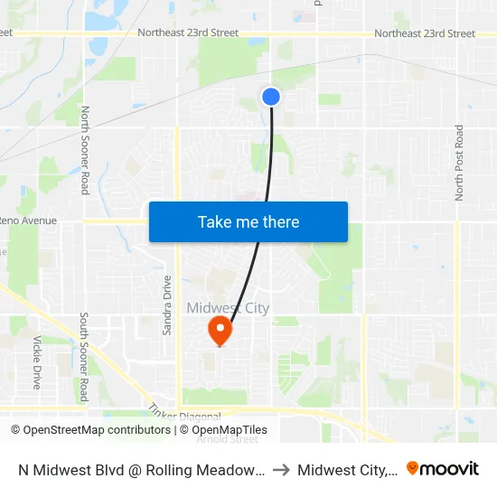 N Midwest Blvd @ Rolling Meadows Blvd to Midwest City, OK map