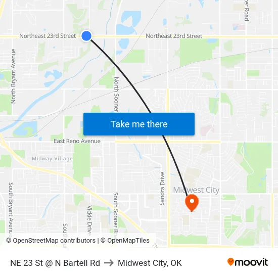 NE 23 St @ N Bartell Rd to Midwest City, OK map