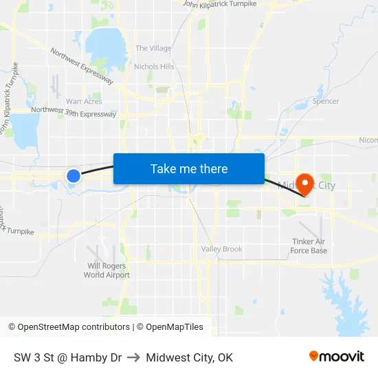 SW 3 St @ Hamby Dr to Midwest City, OK map