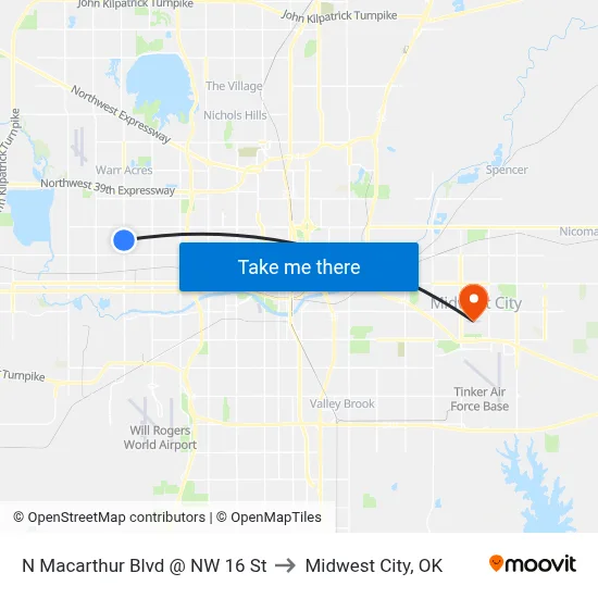 N Macarthur Blvd @ NW 16 St to Midwest City, OK map