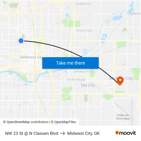 NW 23 St @ N Classen Blvd to Midwest City, OK map