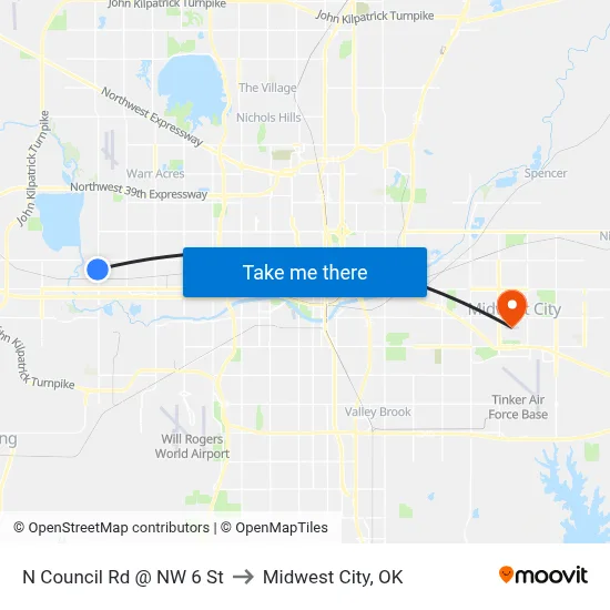 N Council Rd @ NW 6 St to Midwest City, OK map