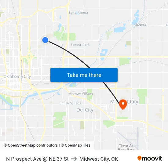 N Prospect Ave @ NE 37 St to Midwest City, OK map