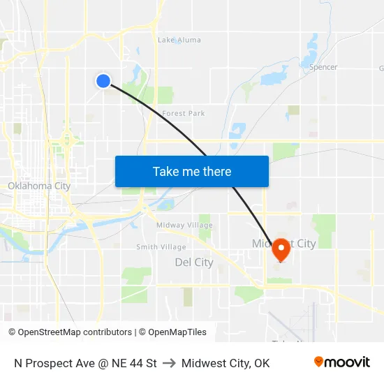 N Prospect Ave @ NE 44 St to Midwest City, OK map