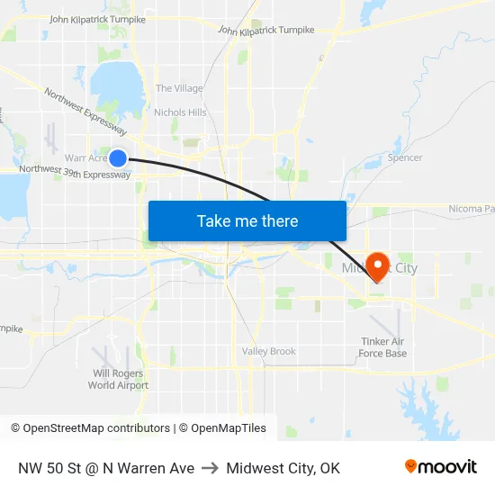 NW 50 St @ N Warren Ave to Midwest City, OK map