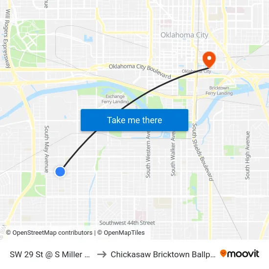 SW 29 St @ S Miller Ave to Chickasaw Bricktown Ballpark map