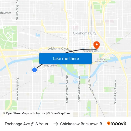 Exchange Ave @ S Youngs Blvd to Chickasaw Bricktown Ballpark map
