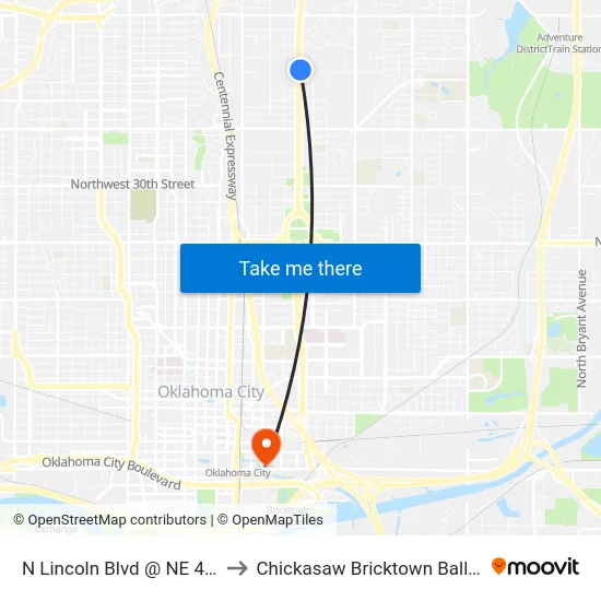 N Lincoln Blvd @ NE 42 St to Chickasaw Bricktown Ballpark map