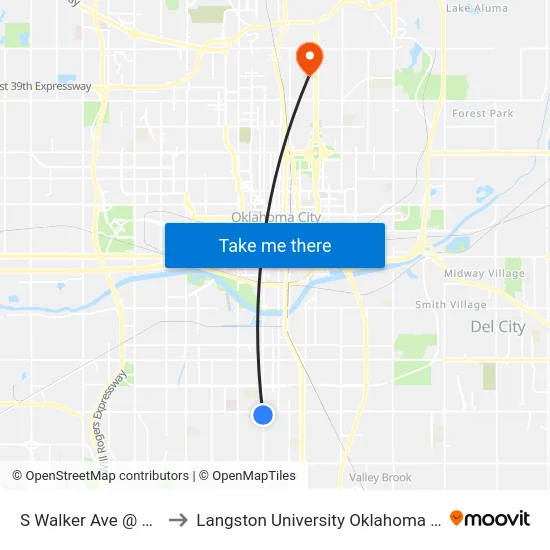 S Walker Ave @ SW 44 St to Langston University Oklahoma City Campus map