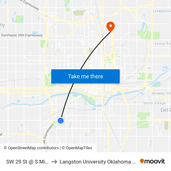 SW 29 St @ S Miller Ave to Langston University Oklahoma City Campus map
