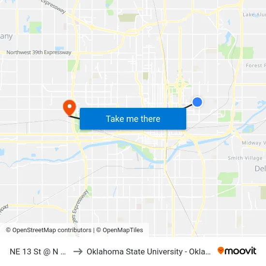 NE 13 St @ N Everest Ave to Oklahoma State University - Oklahoma City (OSU-OKC) map