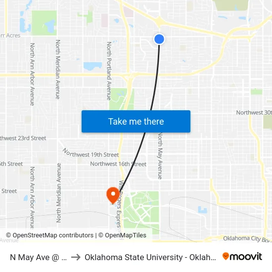 N May Ave @ NW 50 St to Oklahoma State University - Oklahoma City (OSU-OKC) map