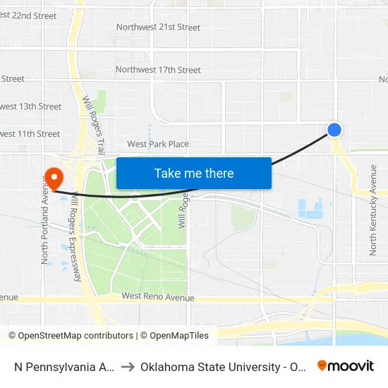 N Pennsylvania Ave @ NW 12 St to Oklahoma State University - Oklahoma City (OSU-OKC) map