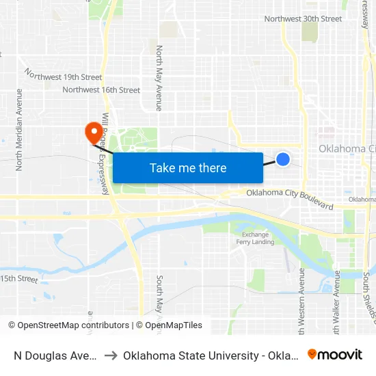 N Douglas Ave @ NW 4 St to Oklahoma State University - Oklahoma City (OSU-OKC) map
