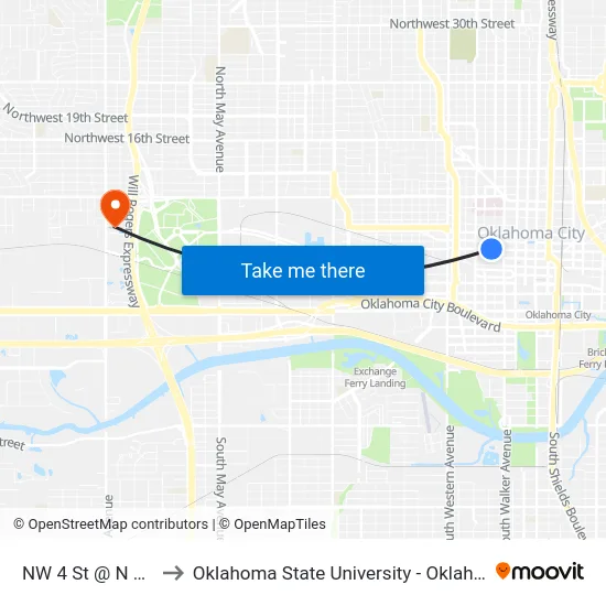 NW 4 St @ N Dewey Ave to Oklahoma State University - Oklahoma City (OSU-OKC) map