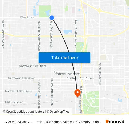 NW 50 St @ N Meridian Ave to Oklahoma State University - Oklahoma City (OSU-OKC) map