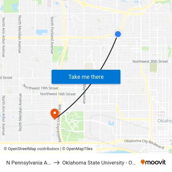 N Pennsylvania Ave @ NW 40 St to Oklahoma State University - Oklahoma City (OSU-OKC) map