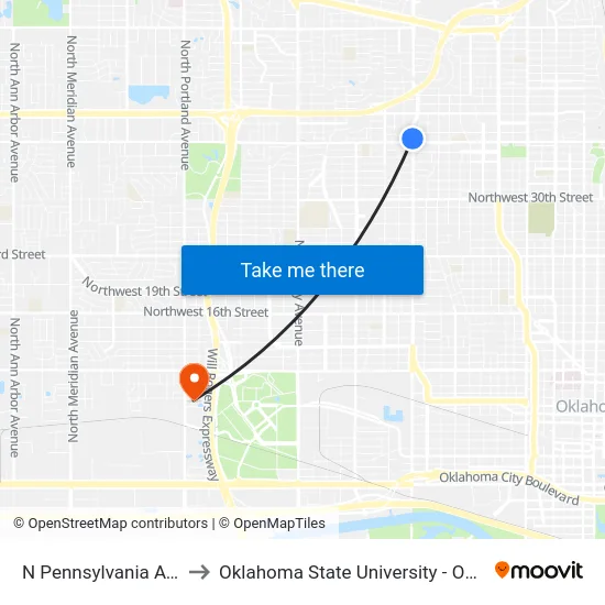 N Pennsylvania Ave @ NW 37 St to Oklahoma State University - Oklahoma City (OSU-OKC) map