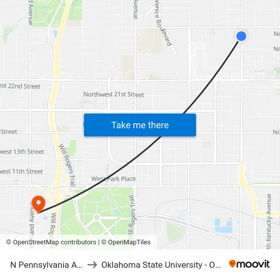 N Pennsylvania Ave @ NW 29 St to Oklahoma State University - Oklahoma City (OSU-OKC) map
