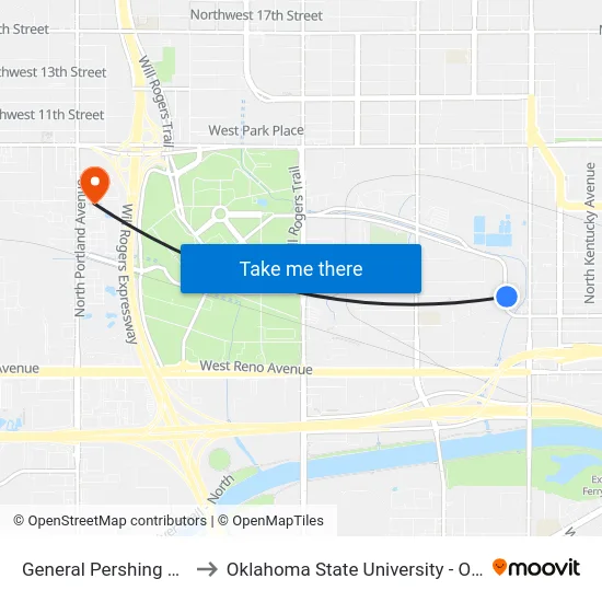 General Pershing Blvd @ NW 1 Terr to Oklahoma State University - Oklahoma City (OSU-OKC) map