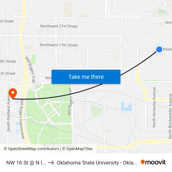 NW 16 St @ N Indiana Ave to Oklahoma State University - Oklahoma City (OSU-OKC) map