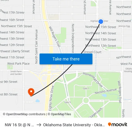 NW 16 St @ N Drexel Blvd to Oklahoma State University - Oklahoma City (OSU-OKC) map
