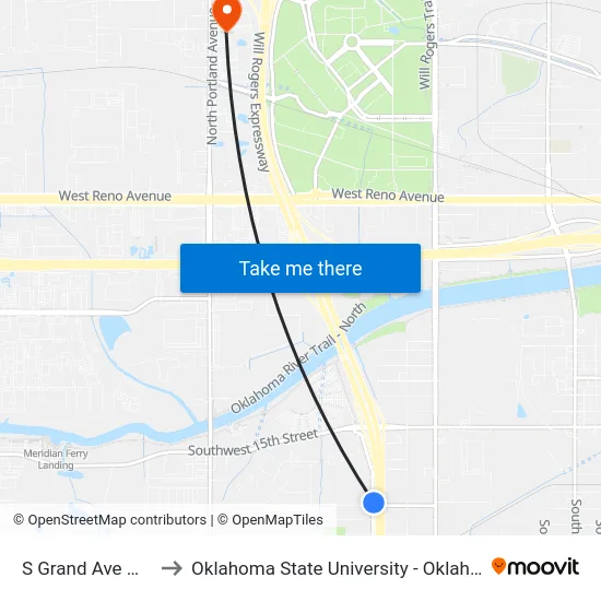 S Grand Ave @ SW 20 St to Oklahoma State University - Oklahoma City (OSU-OKC) map