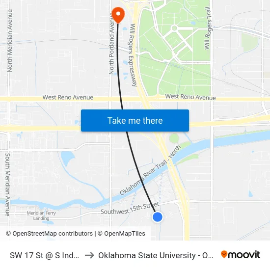 SW 17 St @ S Independence Ave to Oklahoma State University - Oklahoma City (OSU-OKC) map