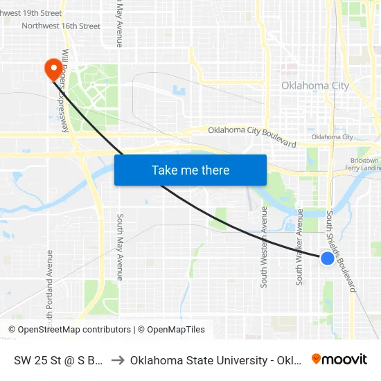 SW 25 St @ S Broadway Ave to Oklahoma State University - Oklahoma City (OSU-OKC) map