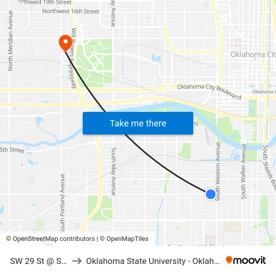SW 29 St @ S Klein Ave to Oklahoma State University - Oklahoma City (OSU-OKC) map