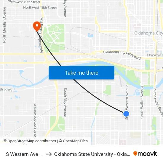 S Western Ave @ SW 29 St to Oklahoma State University - Oklahoma City (OSU-OKC) map
