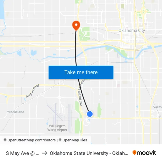 S May Ave @ SW 68 St to Oklahoma State University - Oklahoma City (OSU-OKC) map