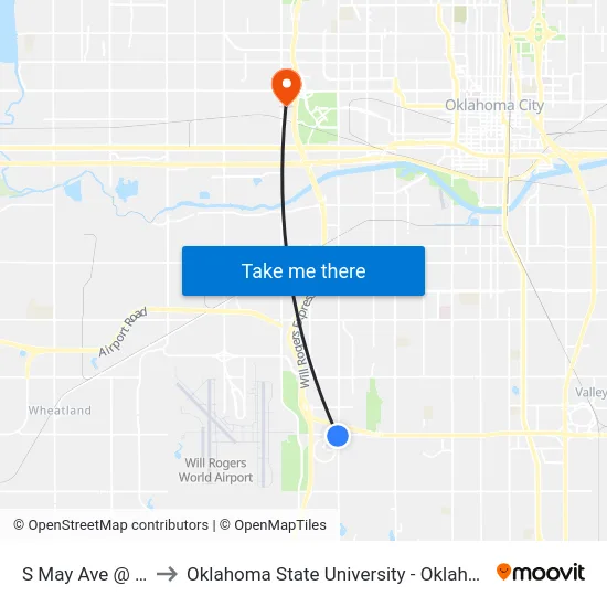 S May Ave @ SW 74 St to Oklahoma State University - Oklahoma City (OSU-OKC) map