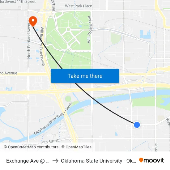 Exchange Ave @ S Youngs Blvd to Oklahoma State University - Oklahoma City (OSU-OKC) map