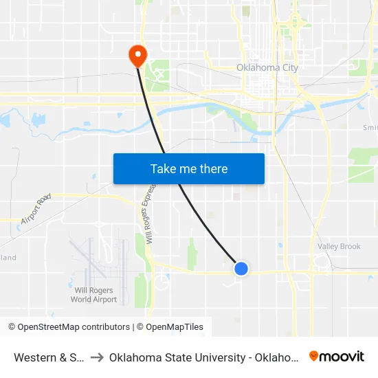 Western & SW 72 St to Oklahoma State University - Oklahoma City (OSU-OKC) map