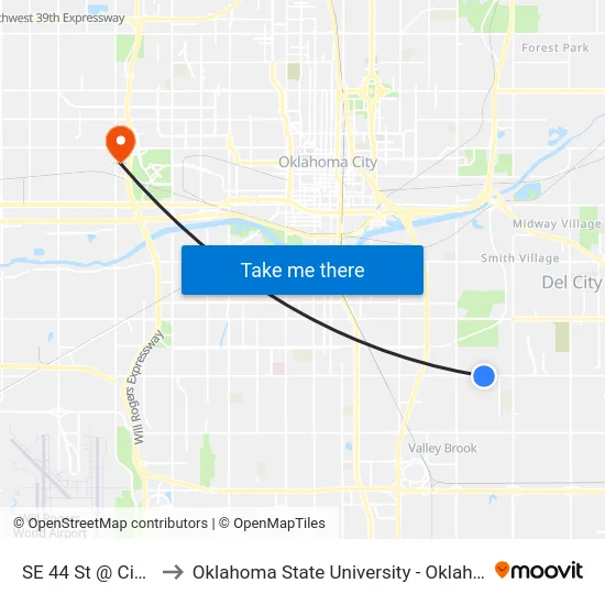 SE 44 St @ Cinderella Dr to Oklahoma State University - Oklahoma City (OSU-OKC) map
