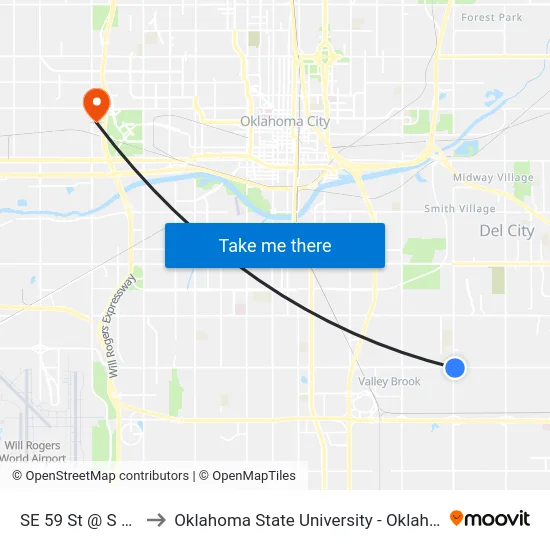 SE 59 St @ S Bryant Ave to Oklahoma State University - Oklahoma City (OSU-OKC) map