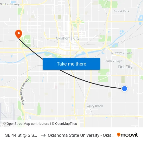 SE 44 St @ S Sunnylane Rd to Oklahoma State University - Oklahoma City (OSU-OKC) map