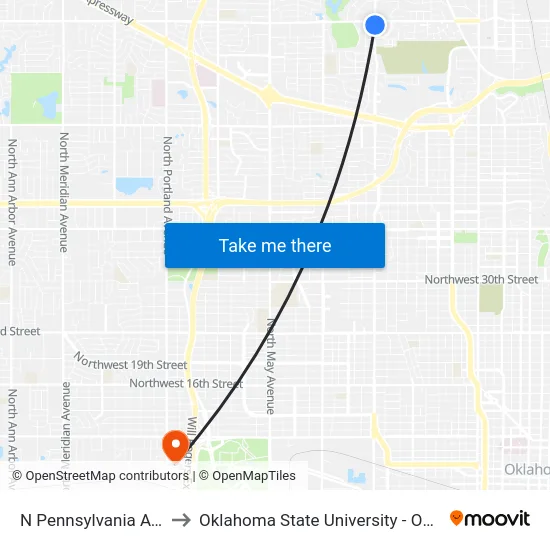 N Pennsylvania Ave @ NW 63 St to Oklahoma State University - Oklahoma City (OSU-OKC) map
