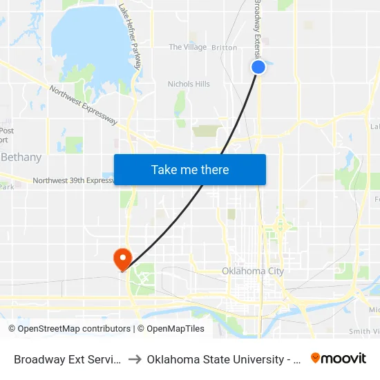 Broadway Ext Service Rd @ NW 85 St to Oklahoma State University - Oklahoma City (OSU-OKC) map