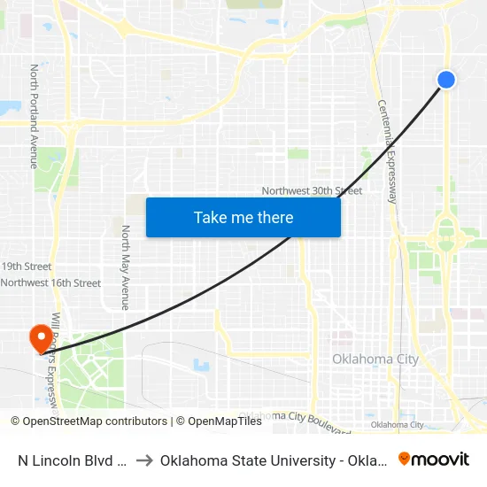 N Lincoln Blvd @ NE 46 St to Oklahoma State University - Oklahoma City (OSU-OKC) map
