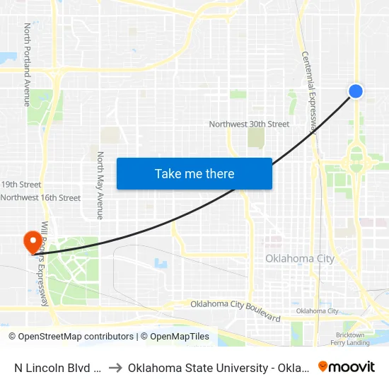 N Lincoln Blvd @ NE 36 St to Oklahoma State University - Oklahoma City (OSU-OKC) map