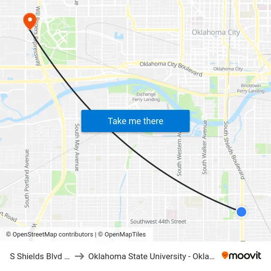S Shields Blvd @ SE 41 St to Oklahoma State University - Oklahoma City (OSU-OKC) map