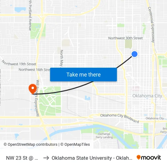 NW 23 St @ M Lee Ave to Oklahoma State University - Oklahoma City (OSU-OKC) map