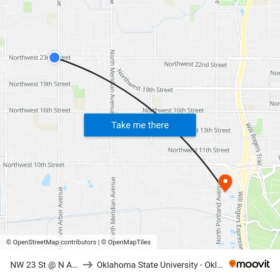 NW 23 St @ N Ann Arbor Ave to Oklahoma State University - Oklahoma City (OSU-OKC) map